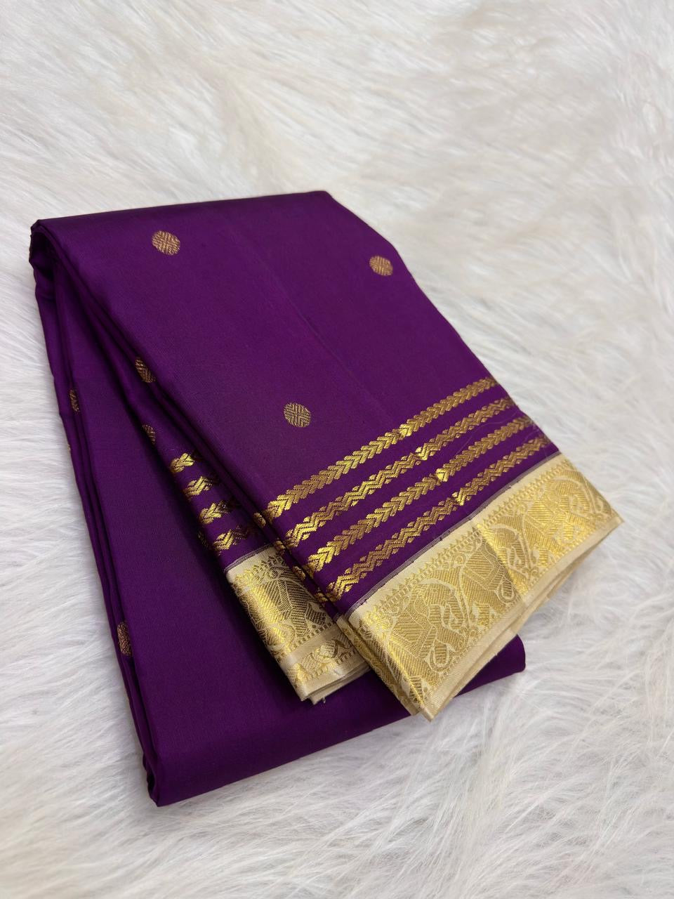 Royal Violet pure silk Kanchipuram Rettapet saree, full view showing the silk and ornamental weave