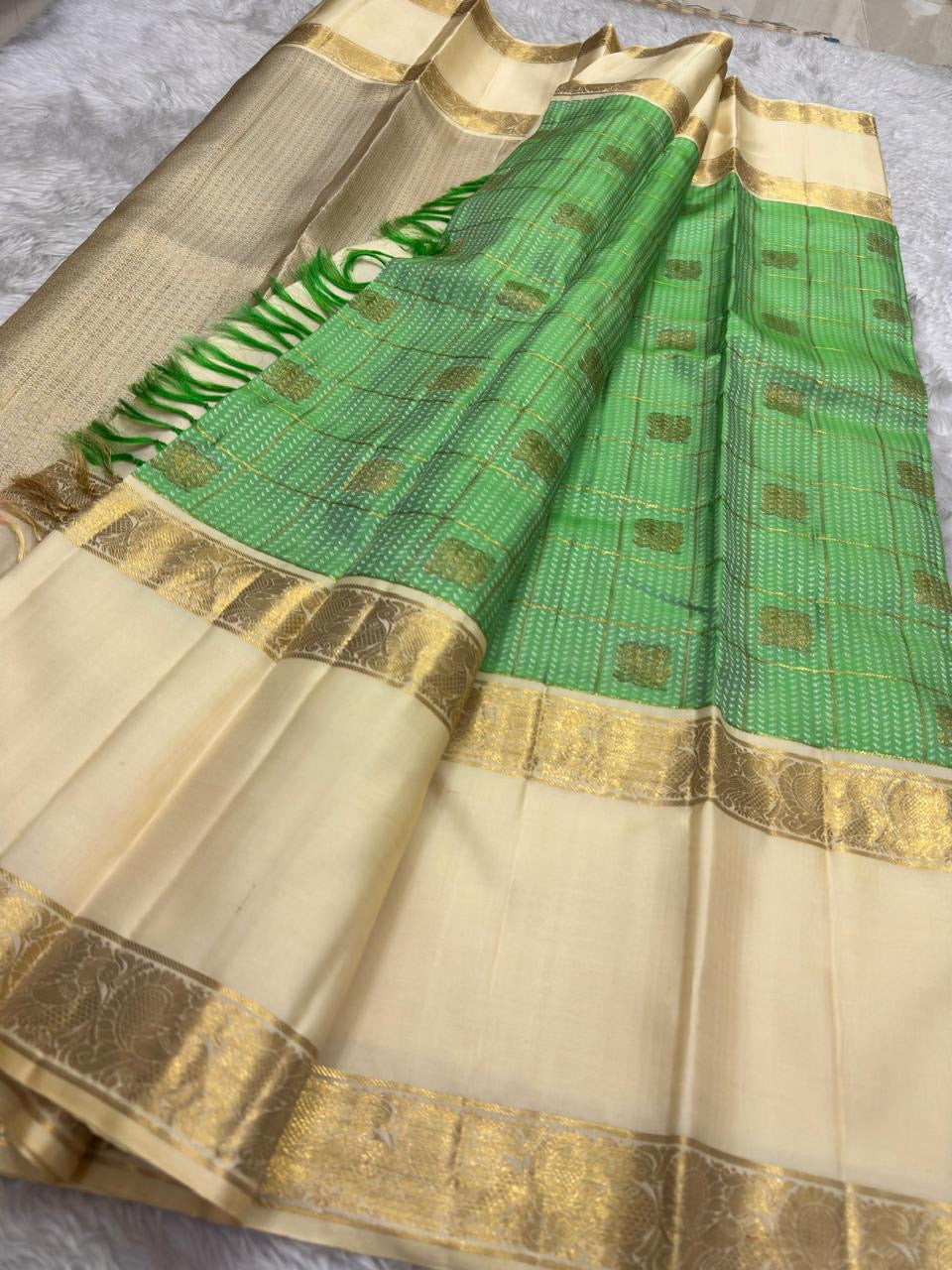 Fresh green handwoven pure silk Kancheepuram Zari Kattam saree, full view — Idam Living