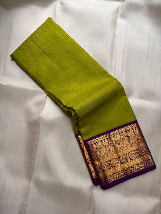 Olive Gold Kanchipuram silk saree – zari stripe detail on the body — Idam Living