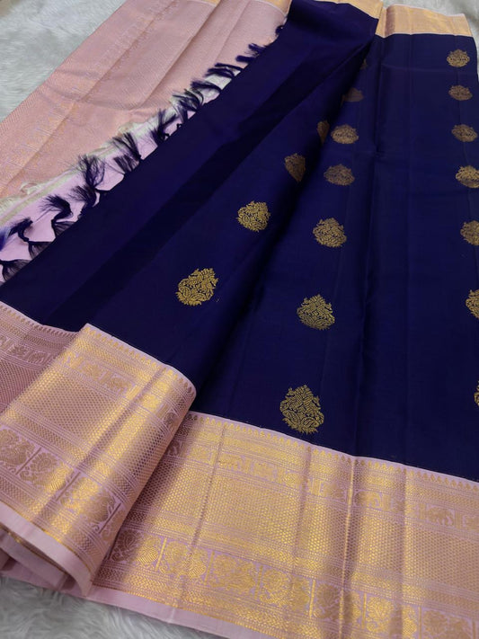 Pure Kanchipuram Varisaipet saree – royal purple and blush pink border — Idam Living