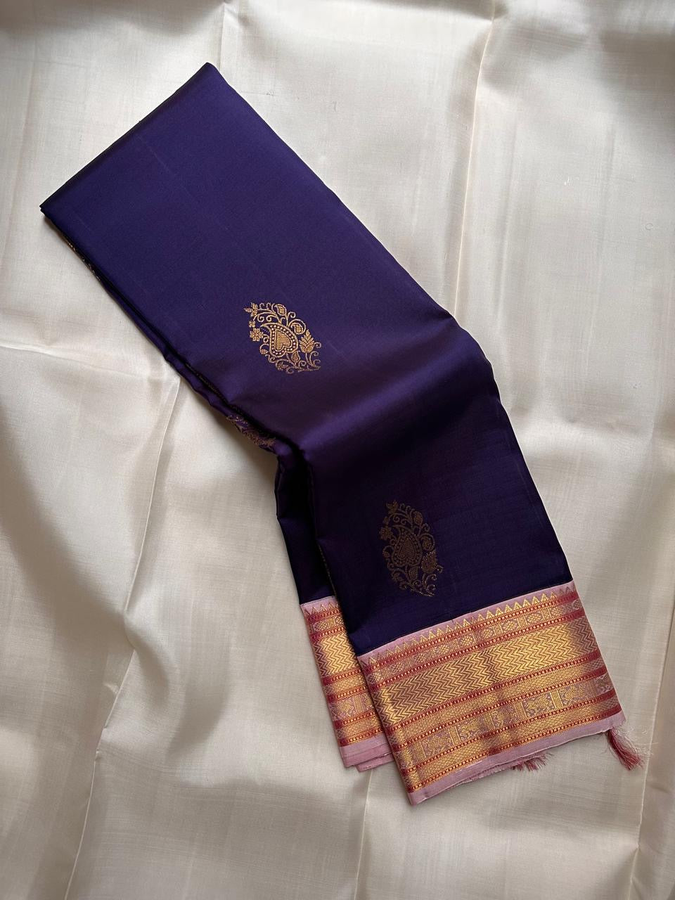 Royal Purple Kanjivaram silk saree – blush pink border detail — Idam Living