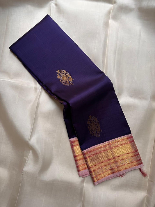 Royal Purple Kanjivaram silk saree – blush pink border detail — Idam Living