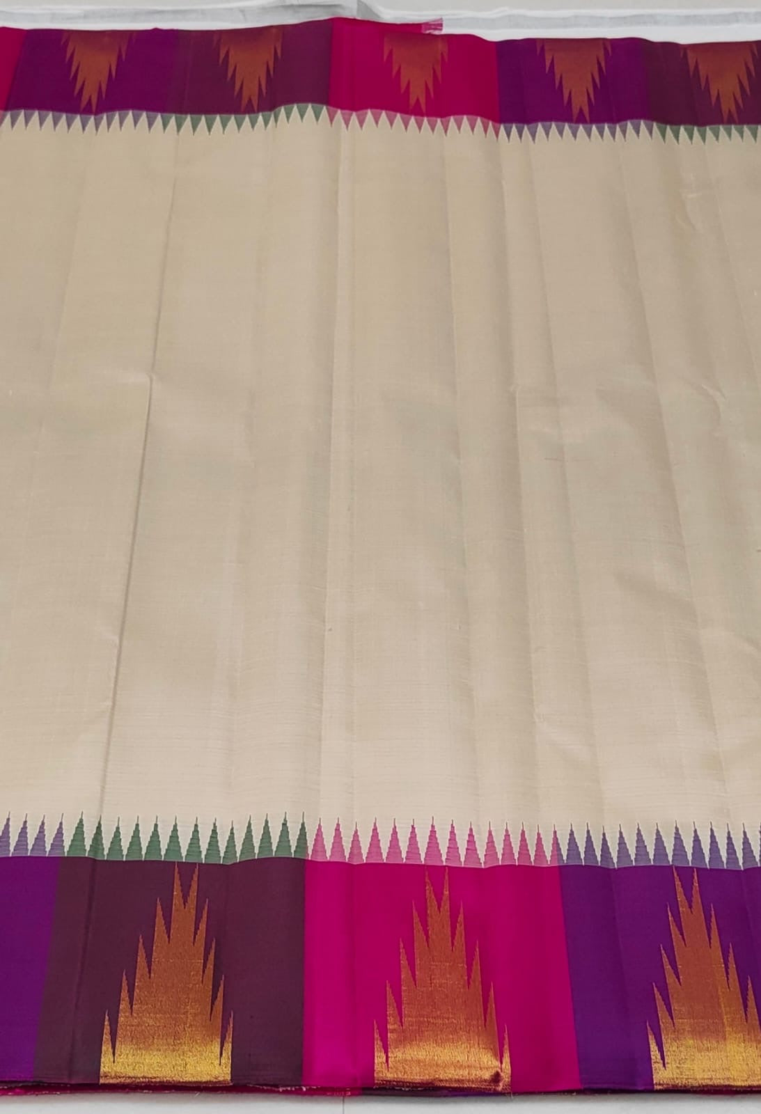 Pure Silk Kanjeevaram saree in ivory beige with aubergine border, full drape