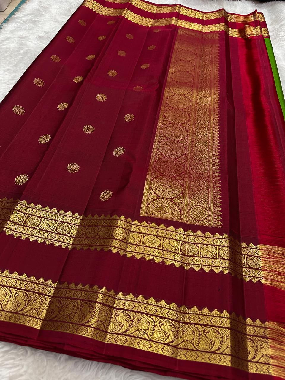 Pure Kanjivaram green silk saree with deep ruby rettapet border traditional zari Idam Living