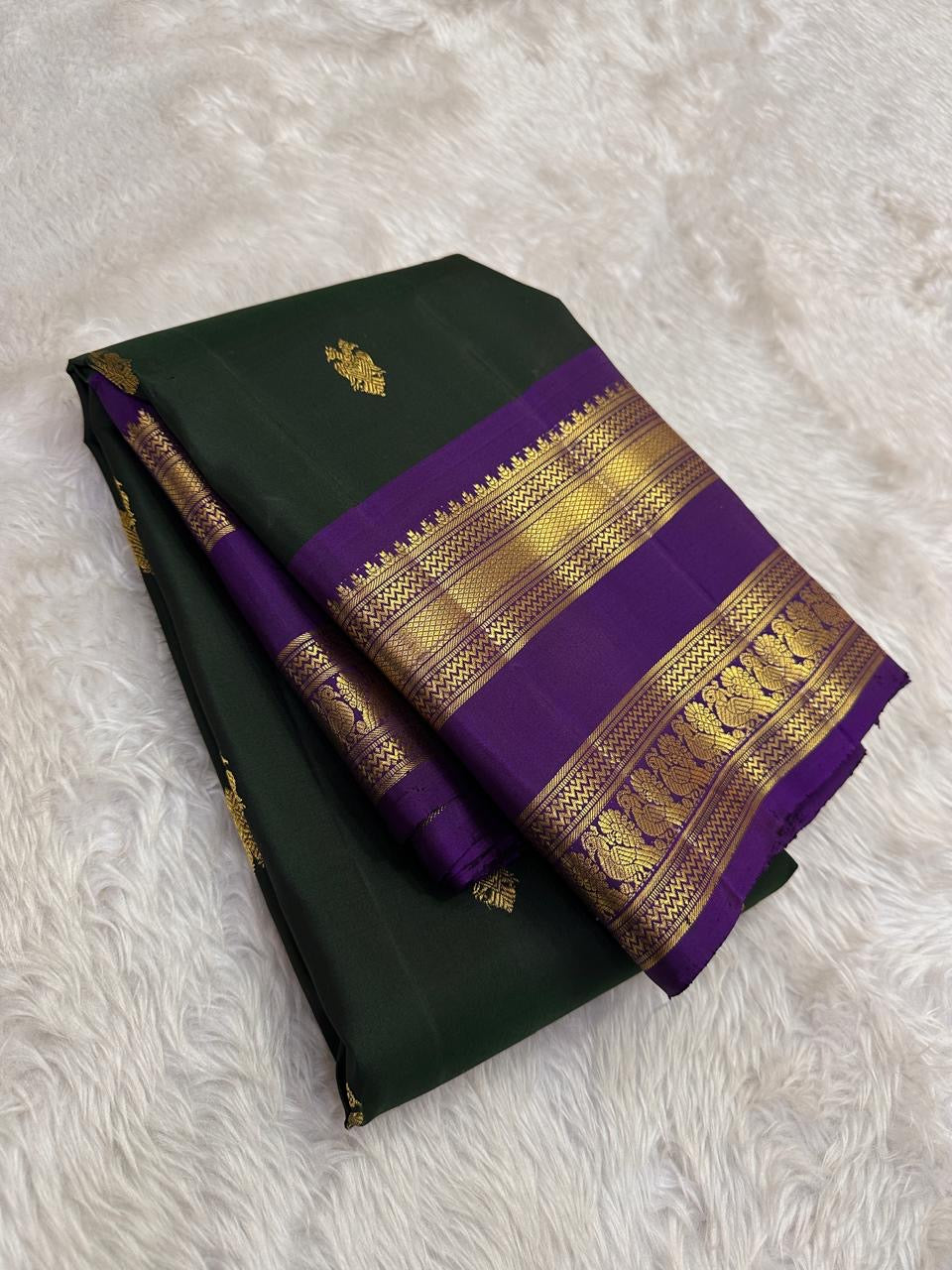 Pure Kanjivaram green silk saree with royal violet zari rettapet border Idam Living