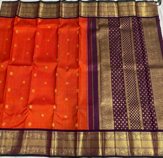 Pure Kanchipuram Silk Saree – Burnt Vermilion Vairaoosi with Royal Plum Border and Antique Gold Mayil Butta