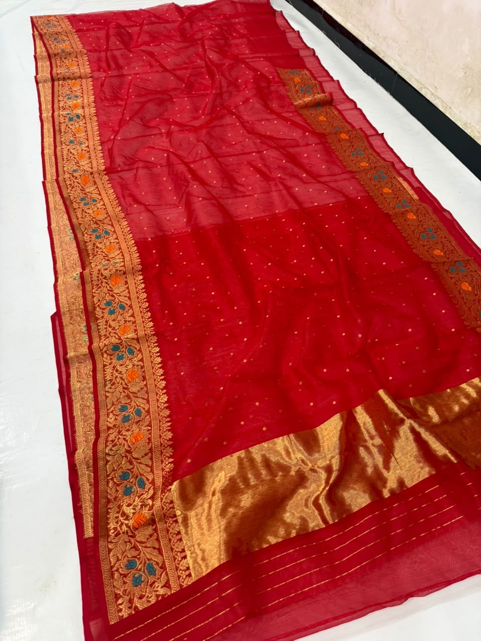 Vermilion red Katan Silk Chanderi handloom saree