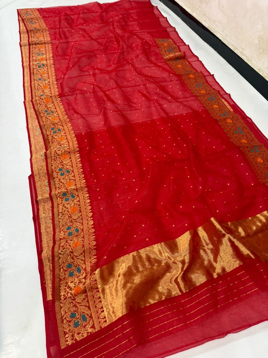Vermilion red Katan Silk Chanderi handloom saree