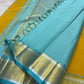 Golden yellow and blue zari border close-up, Kancheepuram silk saree