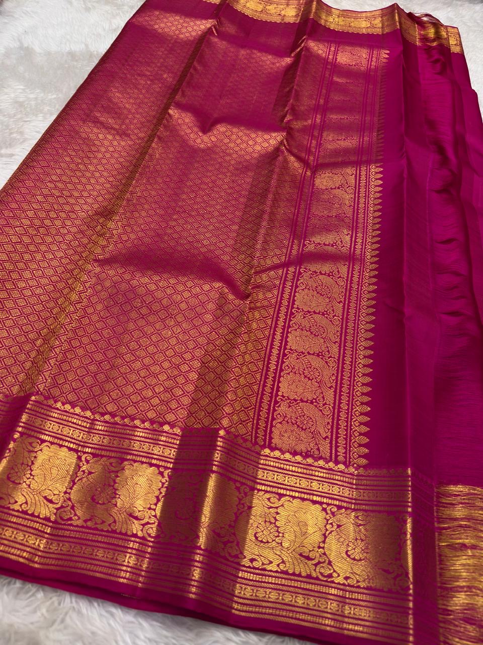 Raspberry Pink Handwoven Pure Silk Kancheepuram Saree with Dark Contrast Korvai Zari Border