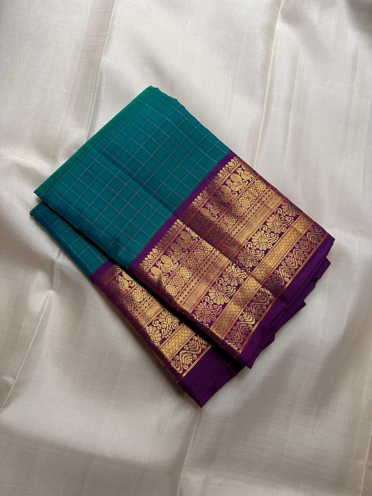 Pure mulberry silk Varisaipet Kanjeevaram saree in peacock teal — Idam Living