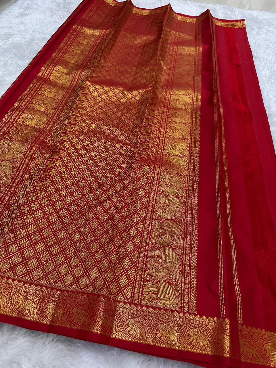 Classic Red Handwoven Pure Silk Kancheepuram Saree with Small Gold Buttas & Petite Zari Elephant Border