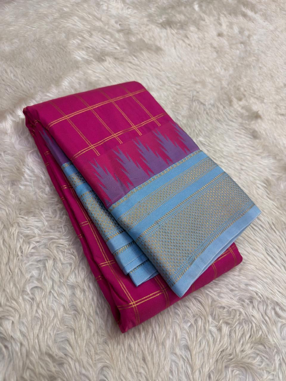 Lightweight Silk Mark Certified Kanchi Kattam Silk Saree with Thazampoo Reku Border