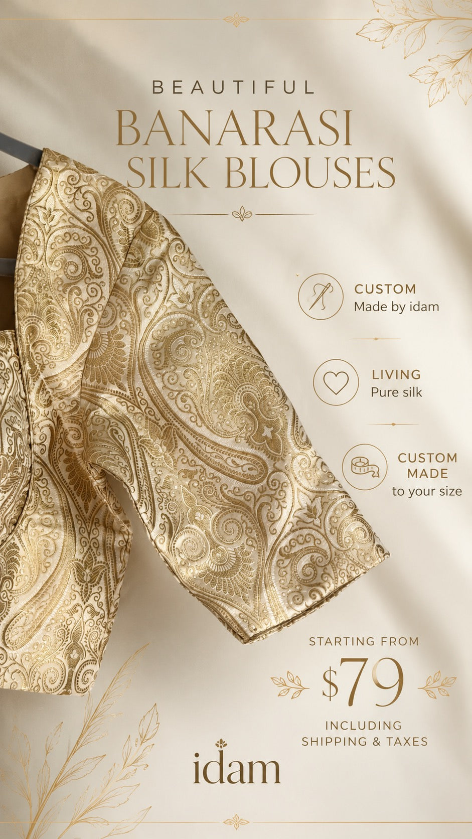 Pure silk Banarasi blouse custom stitched to measure — handwoven fabric from Varanasi | Idam Living