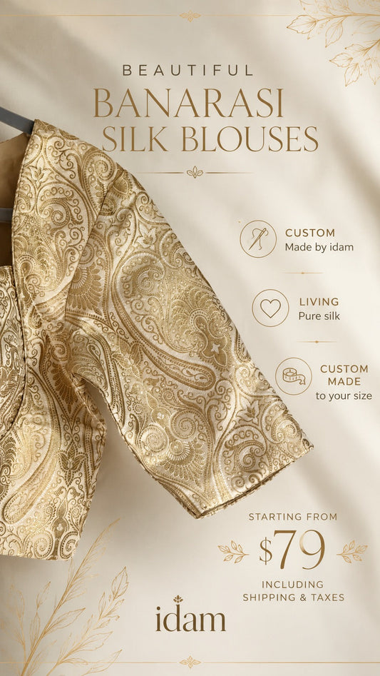 Pure silk Banarasi blouse custom stitched to measure — handwoven fabric from Varanasi | Idam Living