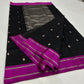 Pure Silk Chanderi black saree with magenta pink border