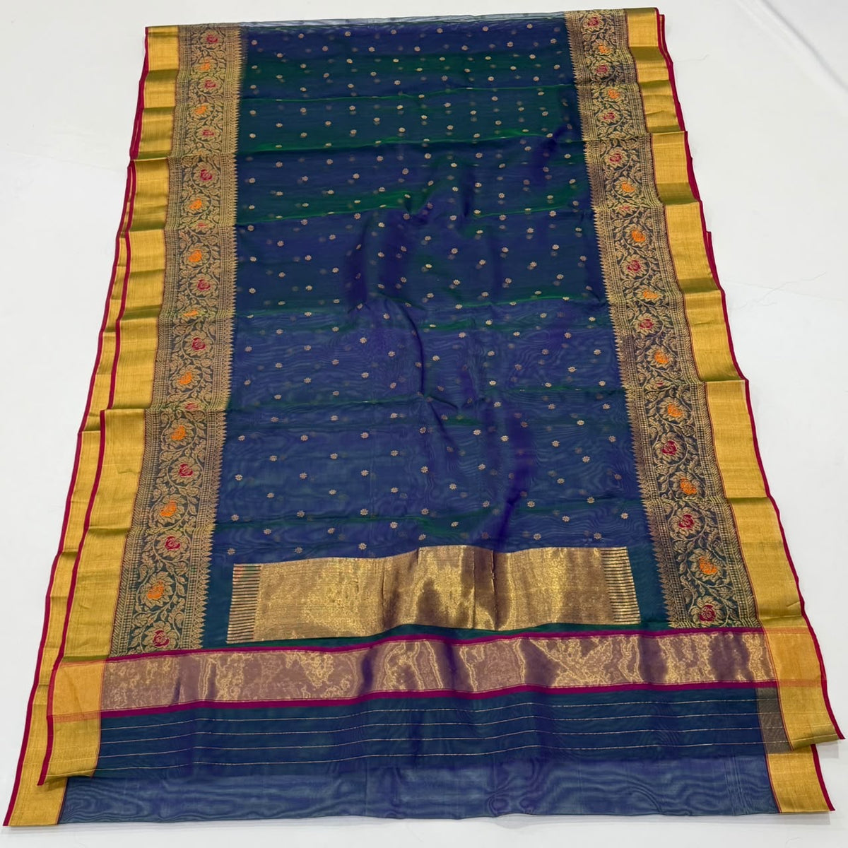 Pure Silk Chanderi saree with blue body and gold woven border