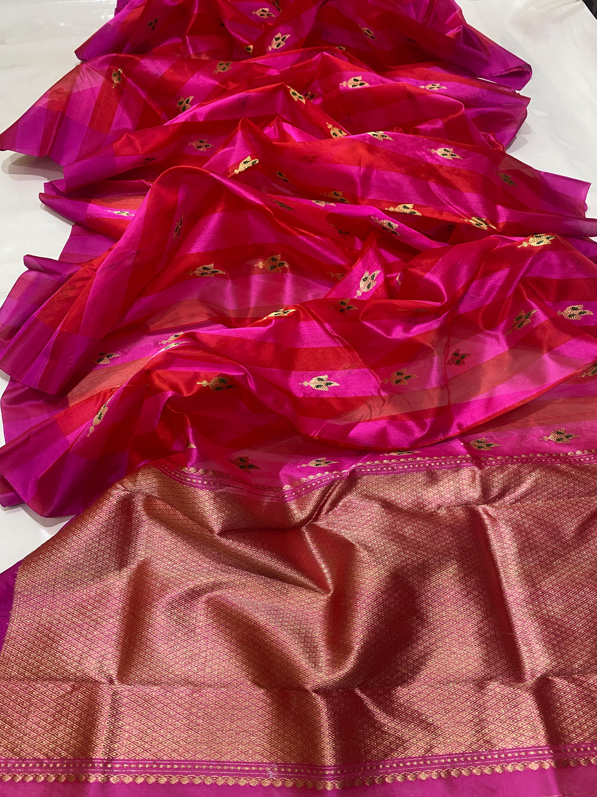 Pure Silk Chanderi saree with magenta striped body