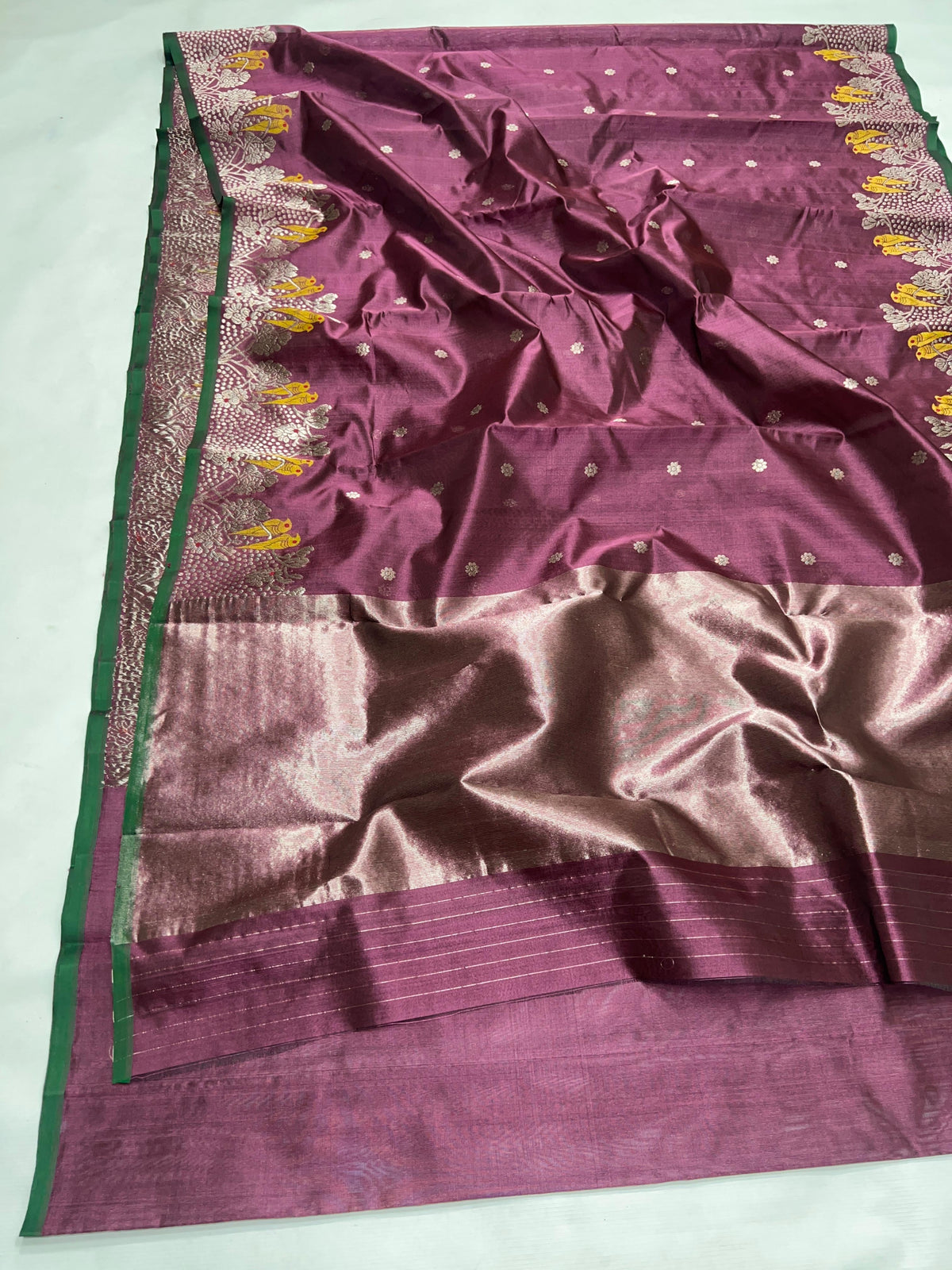 Pure Silk Chanderi saree with mauve body and metallic floral buttas