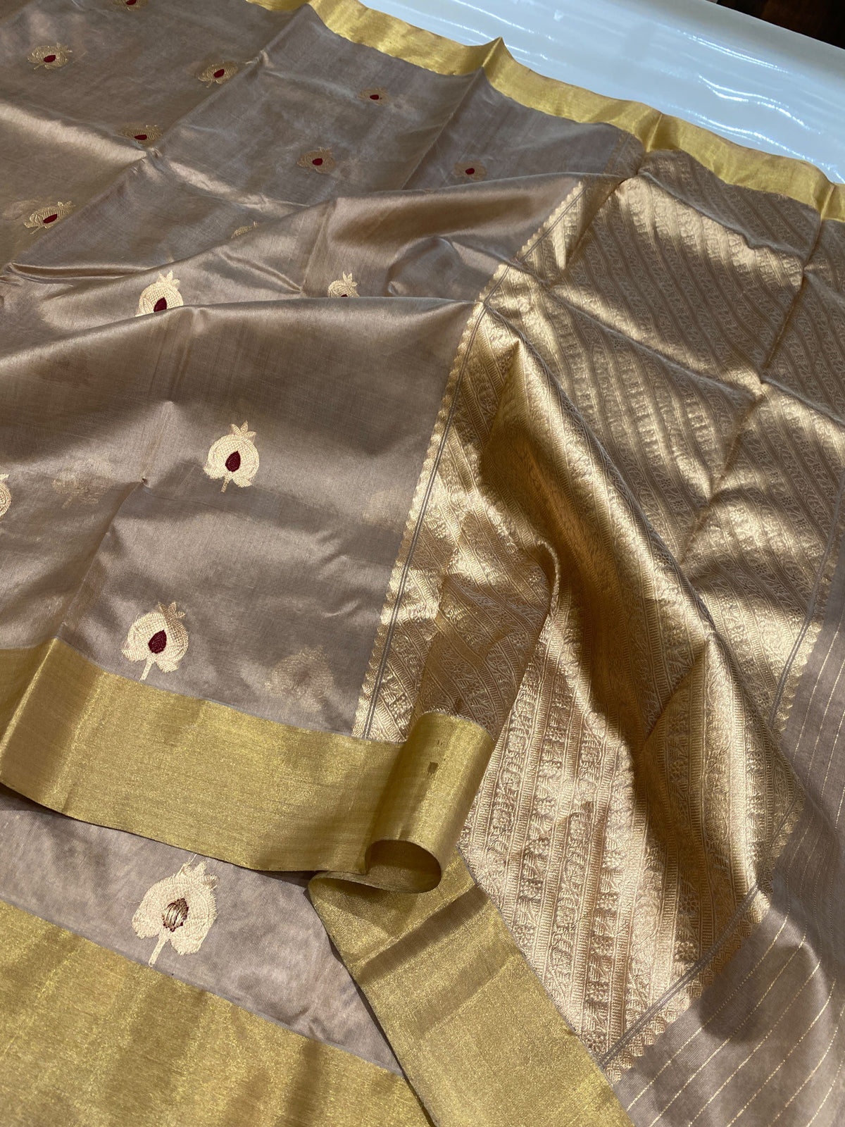 Pure Silk mushroom Chanderi saree with warm-gold border