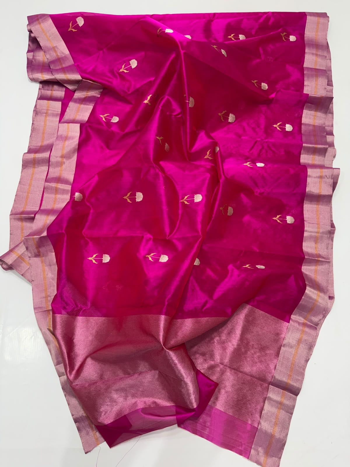 Rani Pink Pattu Silk Chanderi with broad metallic border