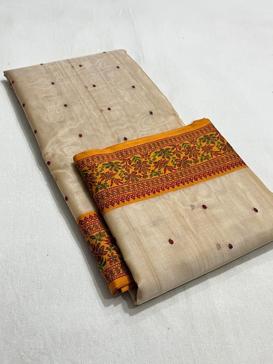 Almond Beige Silk Pure Silk Chanderi Saree folded view with Saffron Floral Border Border