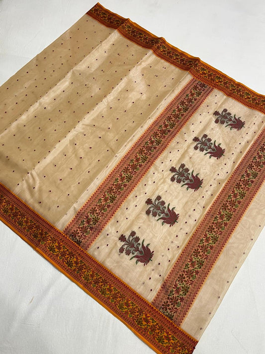 Almond Beige Silk Pure Silk Chanderi Saree draped view with Saffron Floral Border Border