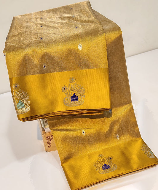 Antique Gold Radiance Pure Silk Chanderi Saree neatly folded with Royal Blue Accent Border