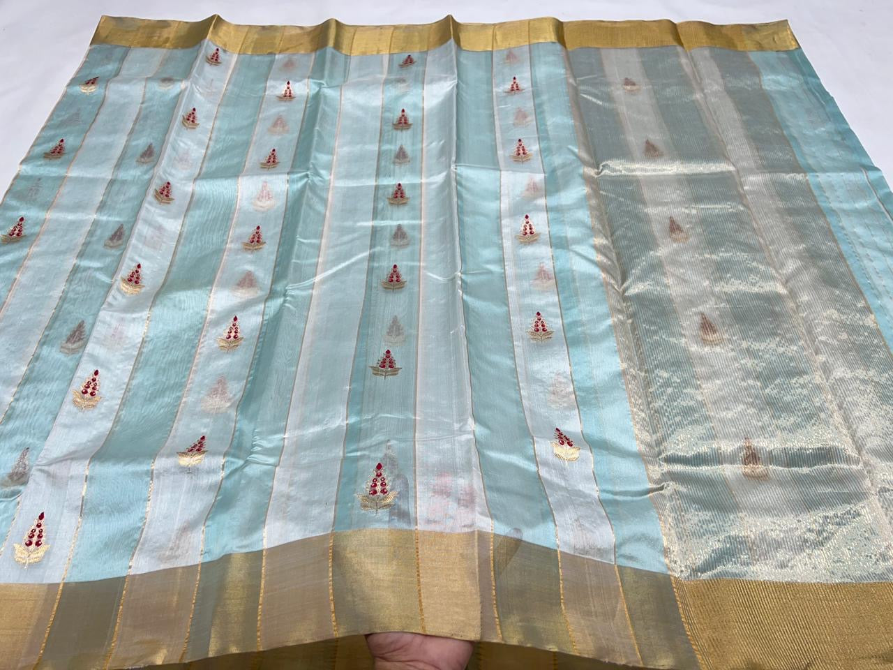 Handwoven pure silk Chanderi saree in pastel powder blue tones