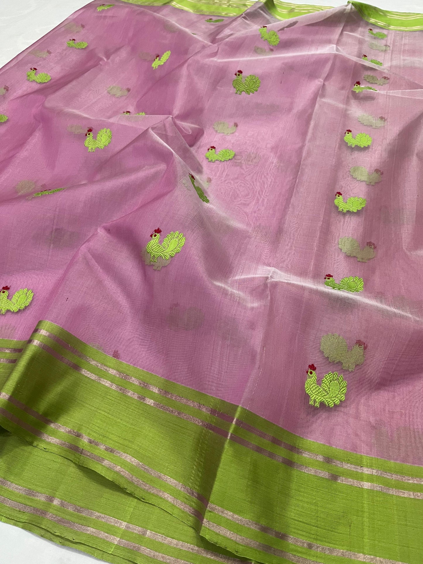 Pure silk blush pink Chanderi saree with green border ready to ship from USA