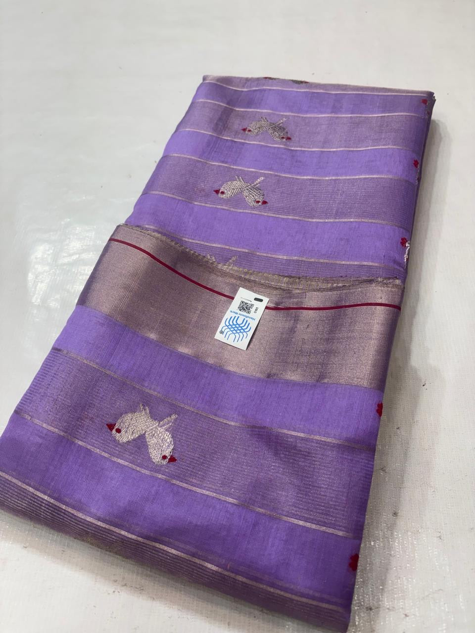 Lavender Chanderi Pattu Silk blouse piece with ivory-silver bird motifs