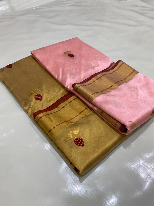 Folded view of Blush Petal Finish Pure Silk Chanderi Saree with Red Butta Border
