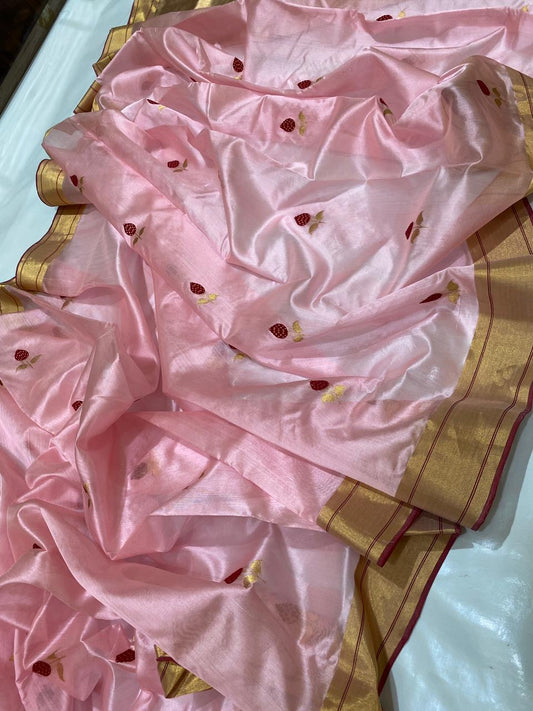 Draped view of Blush Petal Finish Pure Silk Chanderi Saree with Red Butta Border