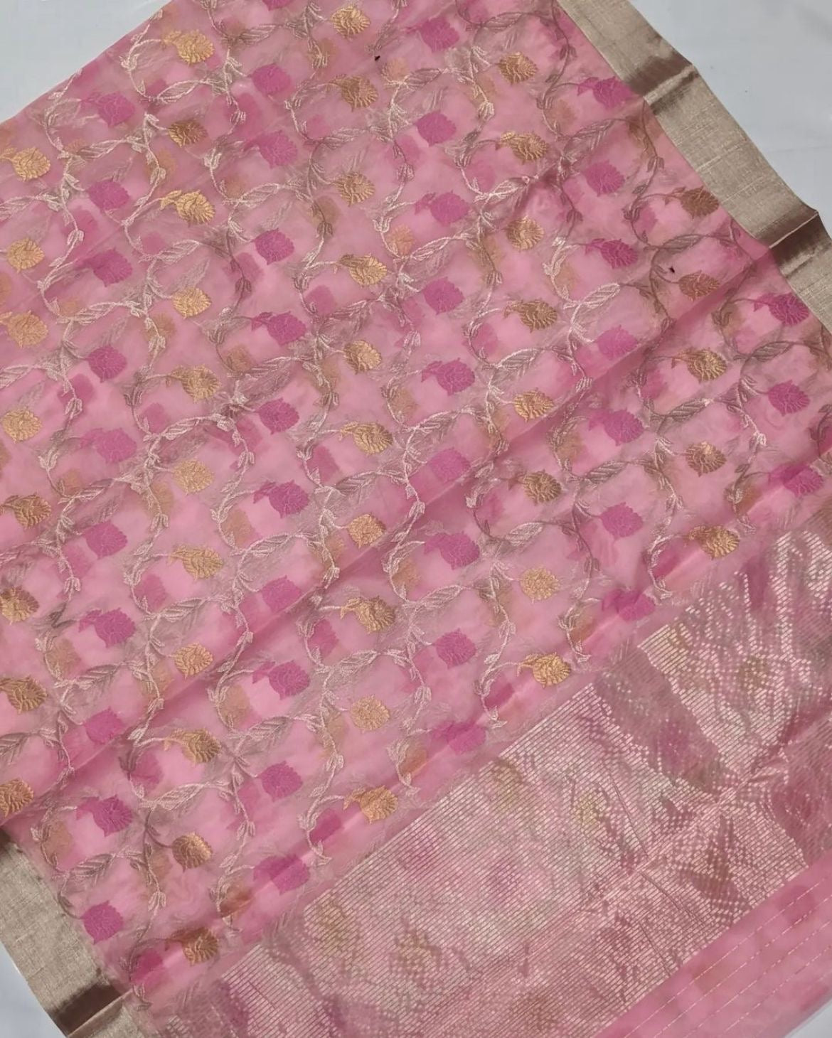 Handwoven blush pink Pure Silk Chanderi saree