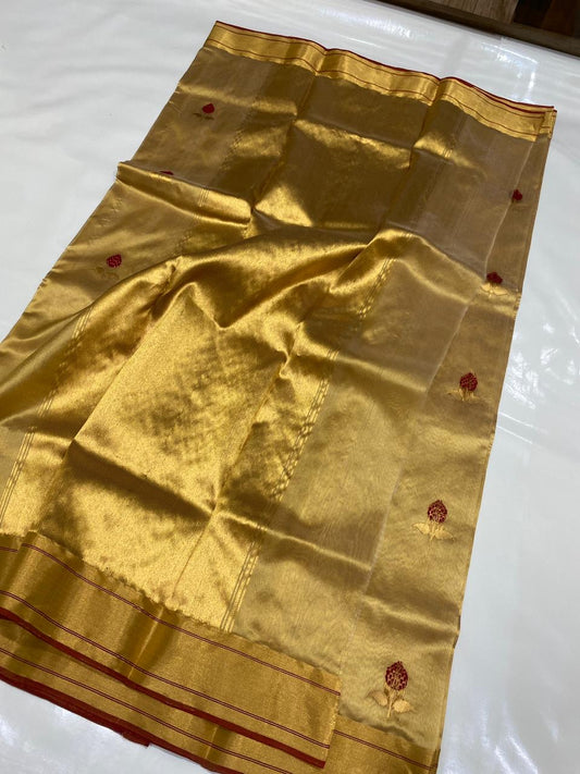 Burnished Gold Radiance Pure Silk Chanderi Saree draped view with Red Butta Border