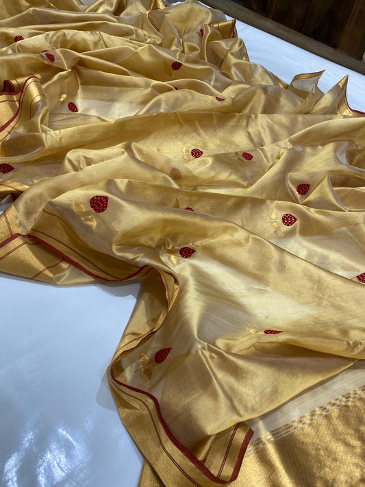 Burnished Gold Radiance Pure Silk Chanderi Saree folded view with Red Butta Border
