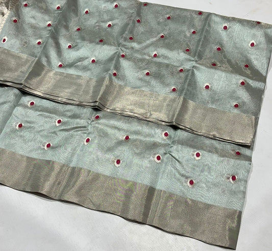 Draped view of Glacial Mint Whisper Pure Silk Chanderi Saree with Silver Zari Butta Border