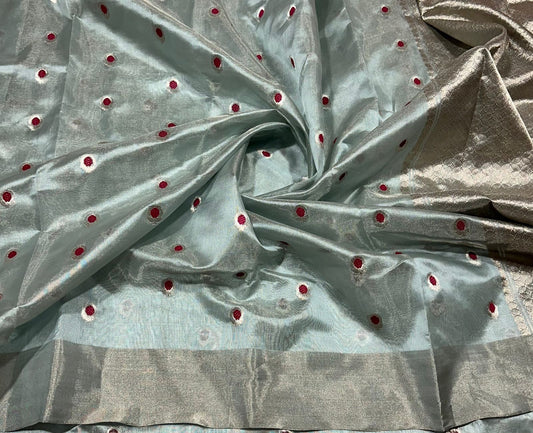 Folded view of Glacial Mint Whisper Pure Silk Chanderi Saree with Silver Zari Butta Border