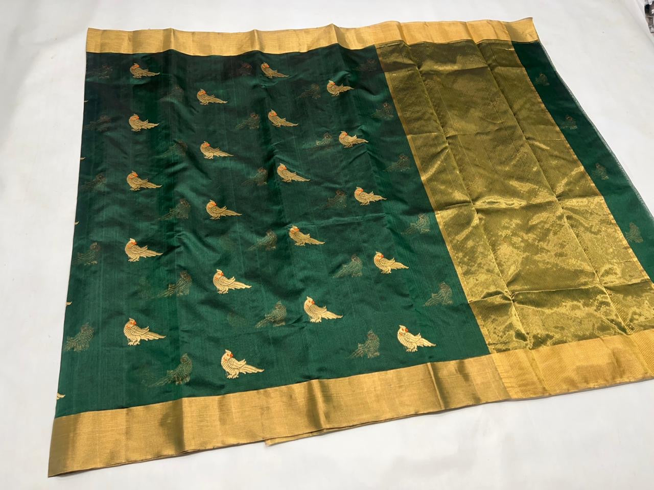 Lightweight green pure silk Chanderi saree with fluid drape and elegant festive handloom finish