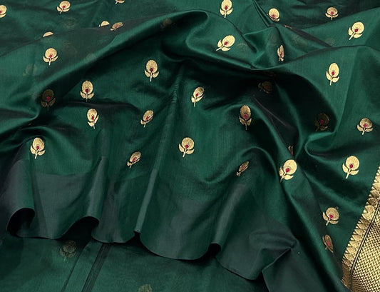 Midnight Pine Luster Pure Silk Chanderi Saree neatly folded with Antique Gold Butta Border