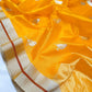 Marigold yellow Chanderi Pattu Silk saree with ivory bird motifs, silver-gold borders and rust-red edge stripes