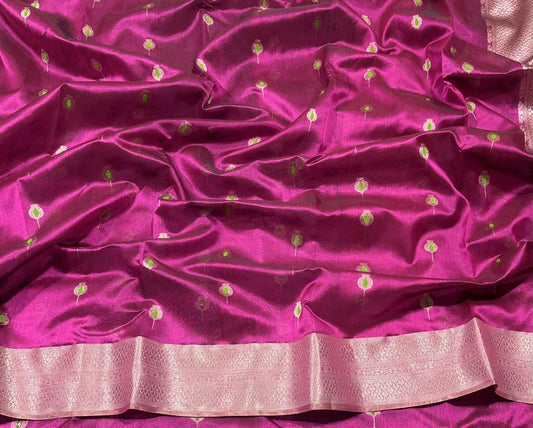 Draped view of Orchid Petal Glow Pure Silk Chanderi Saree with Silver Zari Butta Border