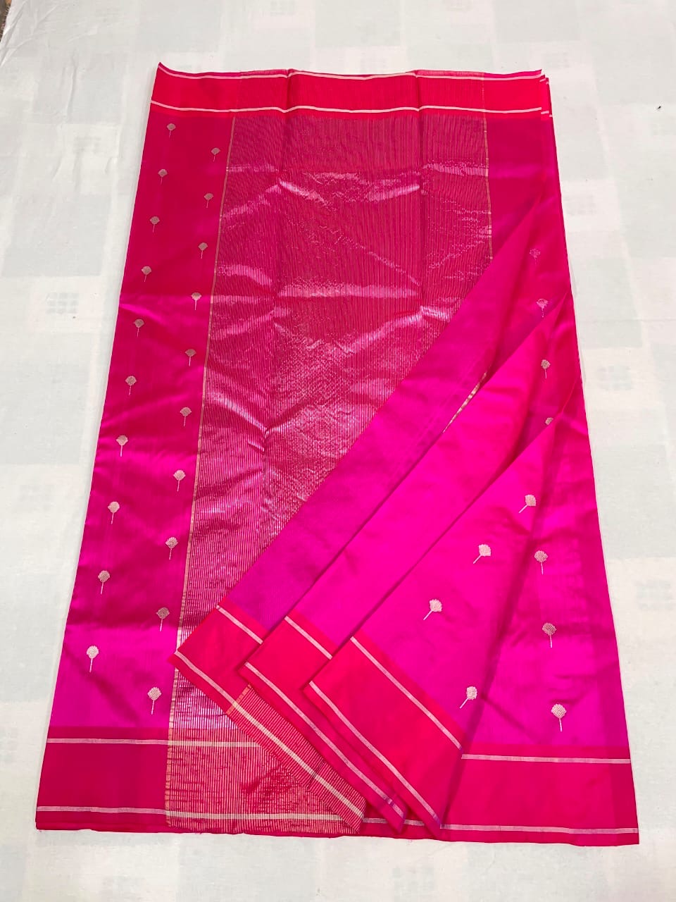 Pure Silk Chanderi saree in Rani pink, tonal zari border detail