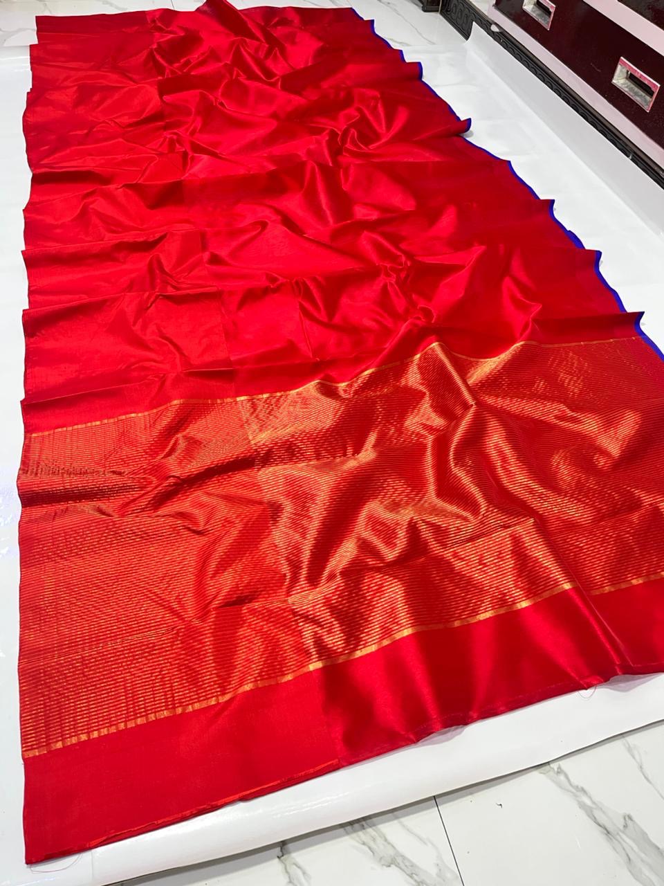 Elegant red pure silk Chanderi saree with luminous handwoven drape