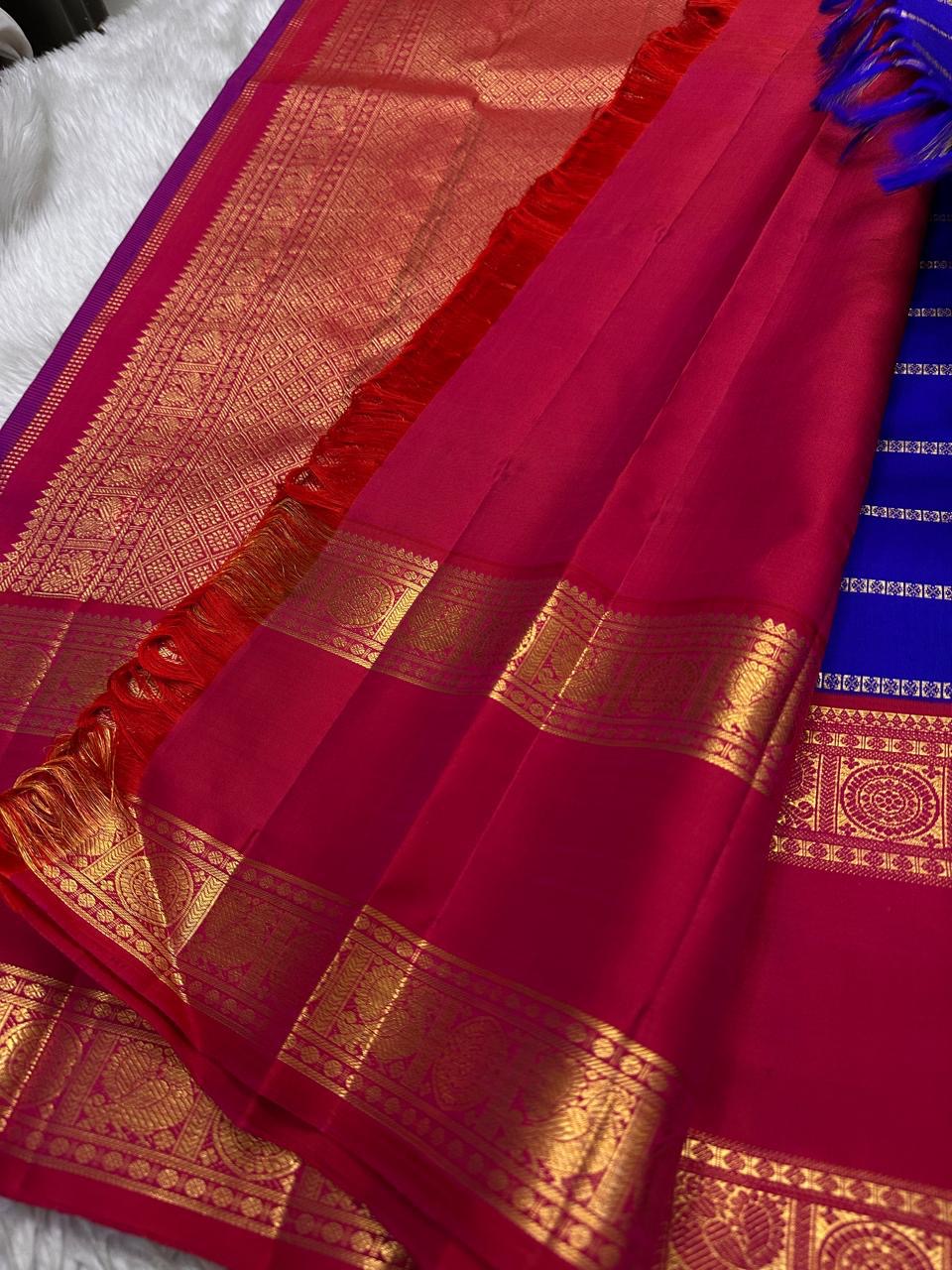 Jewel Blue and Deep Vermillion Handwoven Pure Silk Kanchipuram Saree with Veldhari Border and Zari Kattam