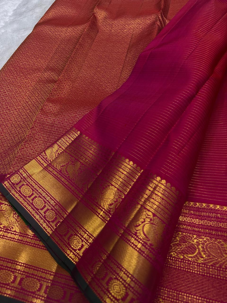 Jewel Pink and Antique Gold Handwoven Pure Silk Kanchipuram Saree with Zari Kattam and Mayil Chakram Border