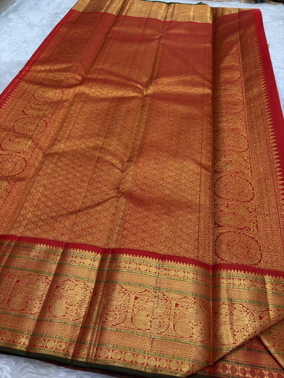 Warm Beige and Deep Vermillion Handwoven Pure Silk Kanchipattu Saree with Varisaipet Sorgavaasal Mayil Border