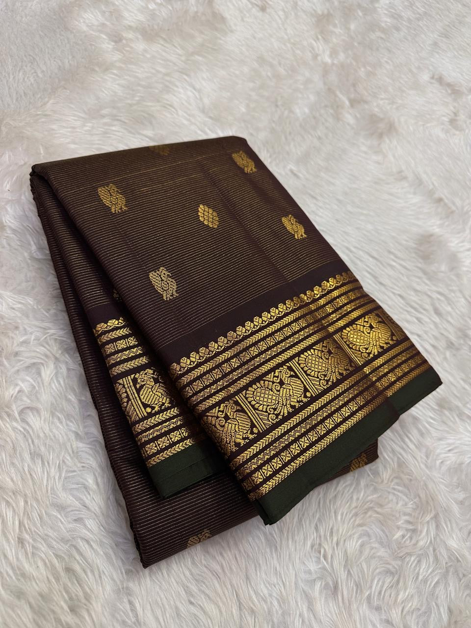Pure silk Kanchipuram saree in deep espresso brown with woven zari border
