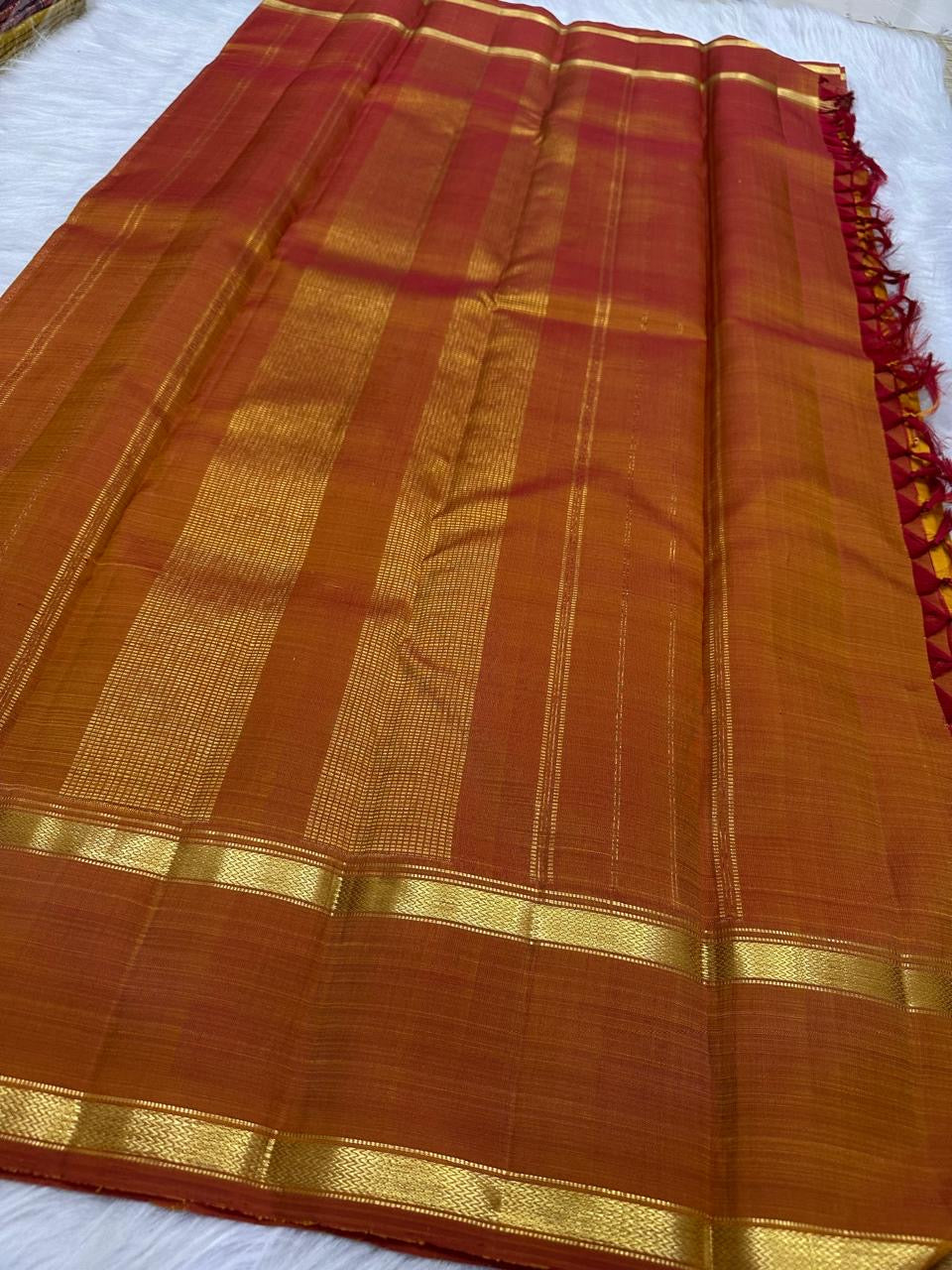 Handwoven Manjal orange Rettapet saree, Kunnam village provenance — Idam Living