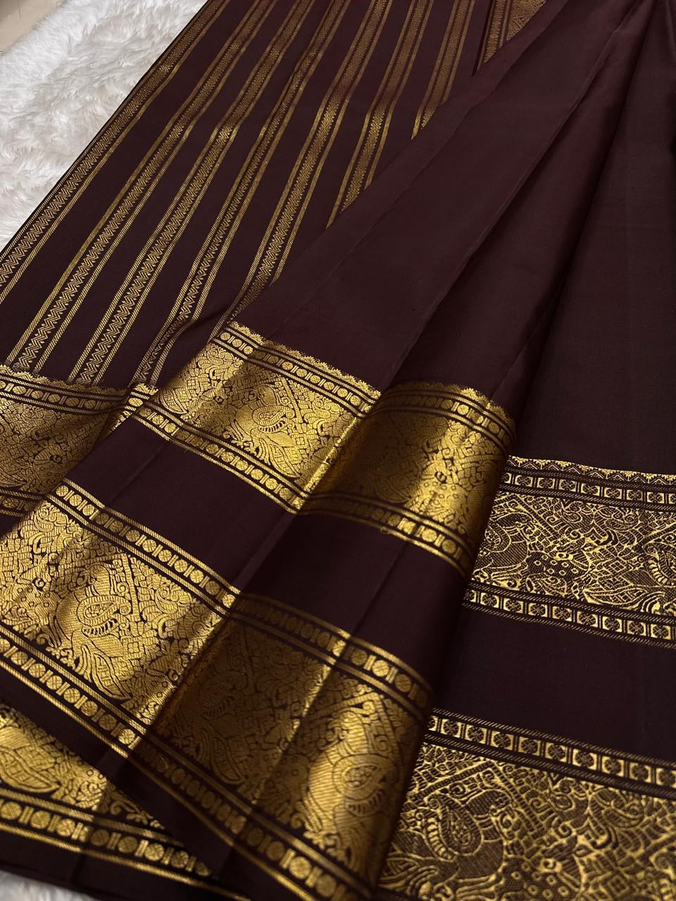 Deep Cocoa Brown handwoven pure silk Rettapet saree overview — Idam Living